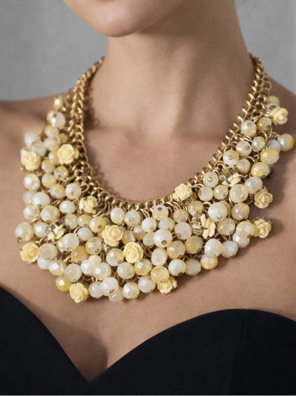 Vintage Gold Faceted Floral Statement Bib Necklace - Women Jewelry